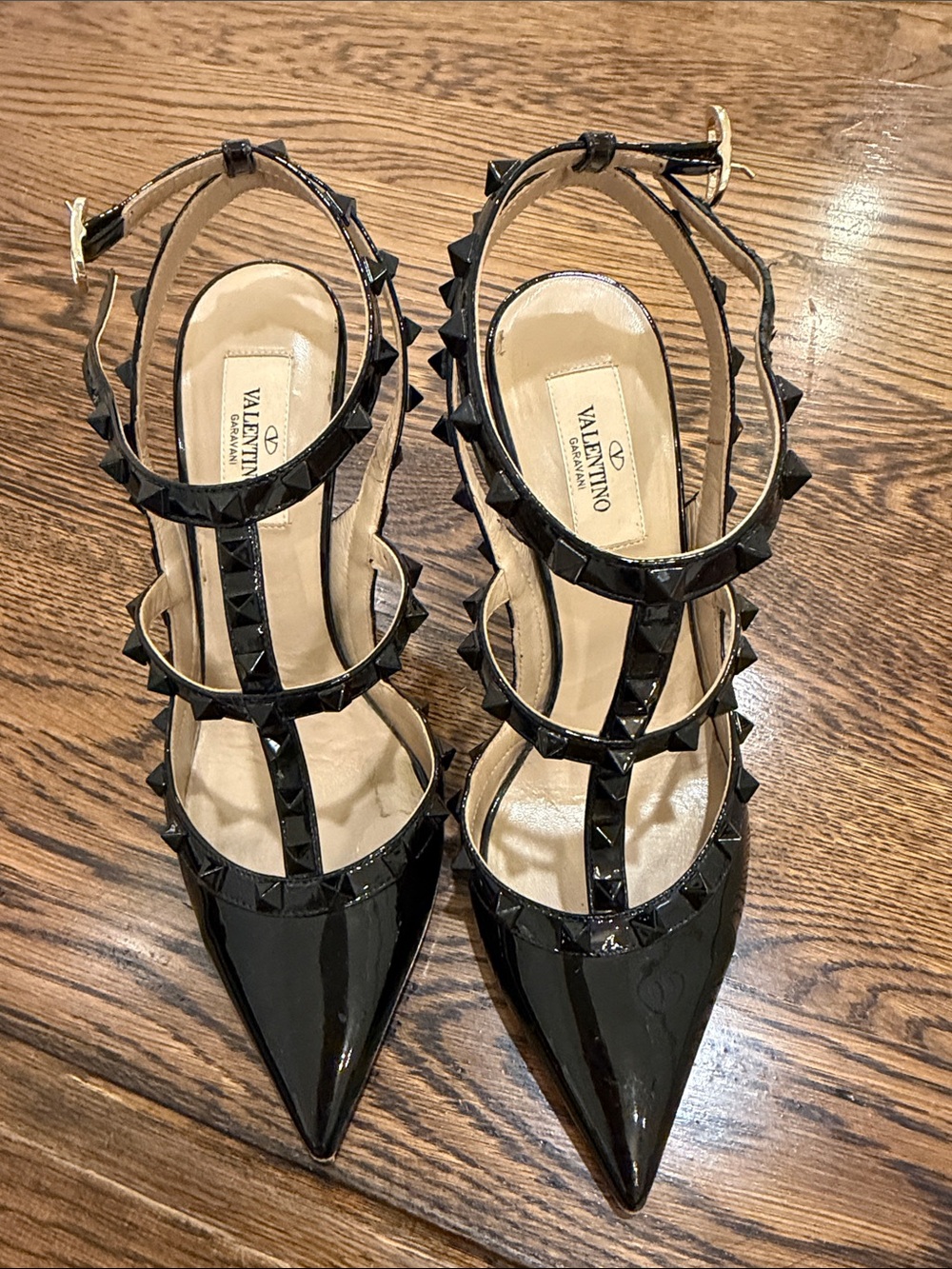 Valentino Black Patent Rockstud Strappy Pointed-Toe Heels